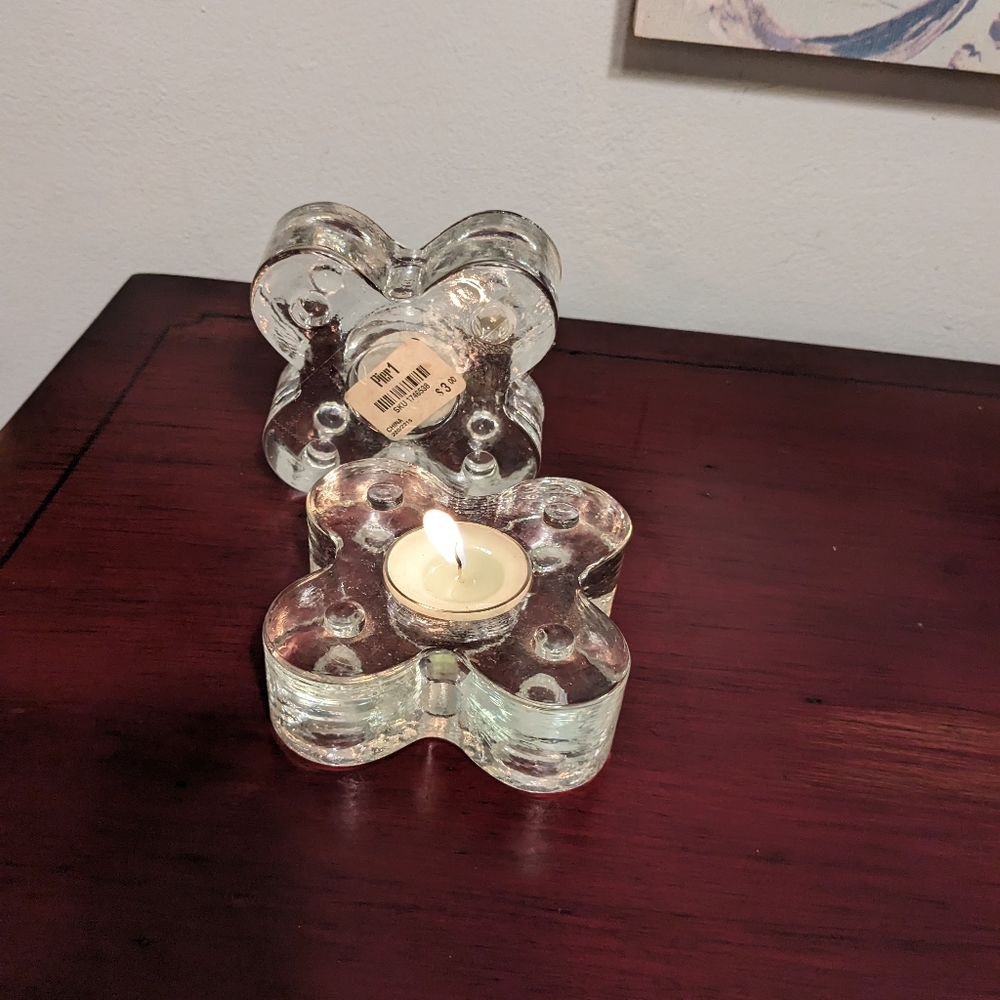 Pier One Candlestick Holders Light Pair Heavy Glass Vintage 90s Stacked Clear